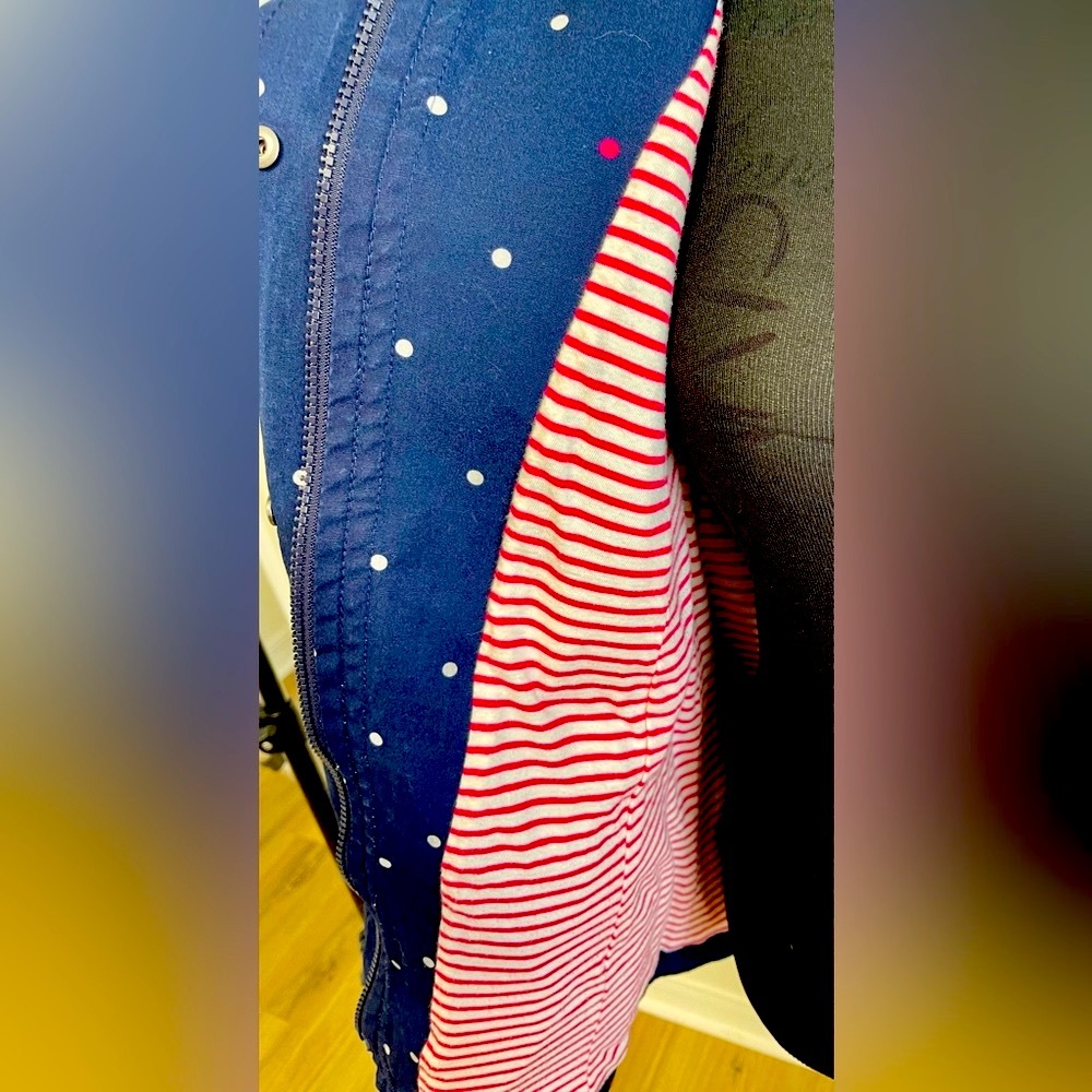 🥳🥳TALBOTS Hooded Jacket, Navy with red/white dots, Size SP - Picture 6 of 6